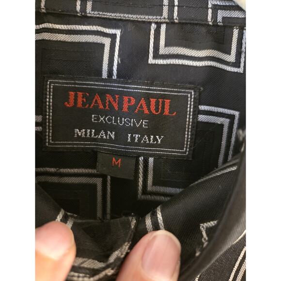 JEAN PAUL EXCLUSIVE Mens M Shirt Taffeta Button-Up Black Gray Geometric Italy - Picture 2 of 9